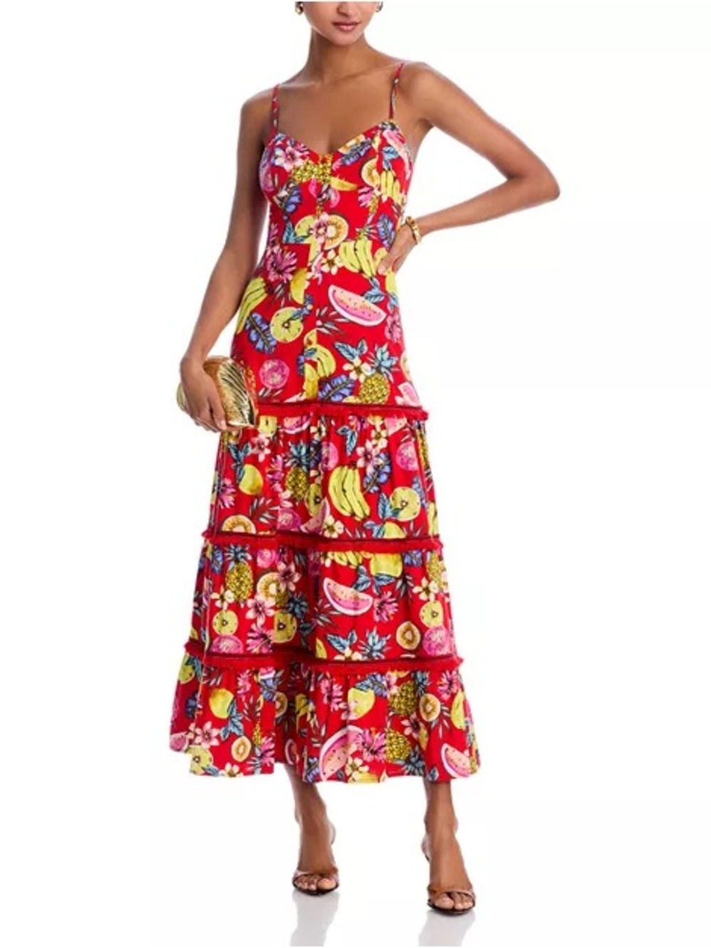 Aqua Red Tropical Fruit Tiered Maxi Dress